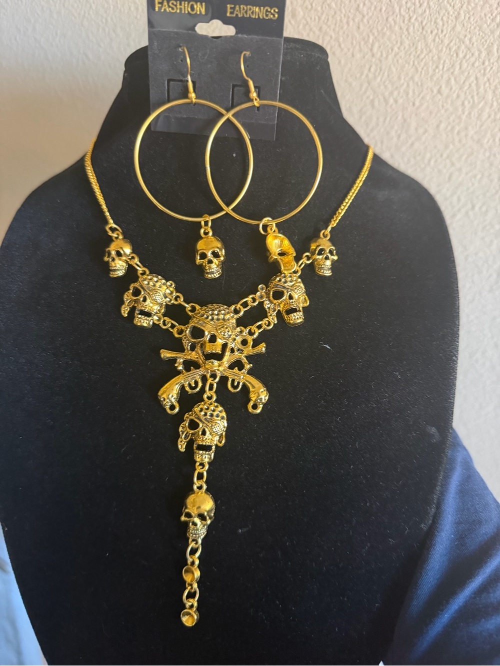 Gold Skull Statement Necklace and Hoop Earrings Set